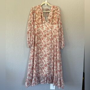 Francesca’s Mi Ami Pink Floral Maxi Dress V-Neck XL
